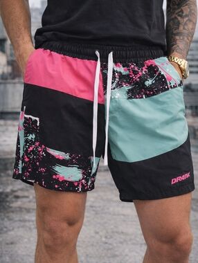 Outrank Brand Colorblock Swim Shorts - Neon Paint Splatter - Mens L - No Liner